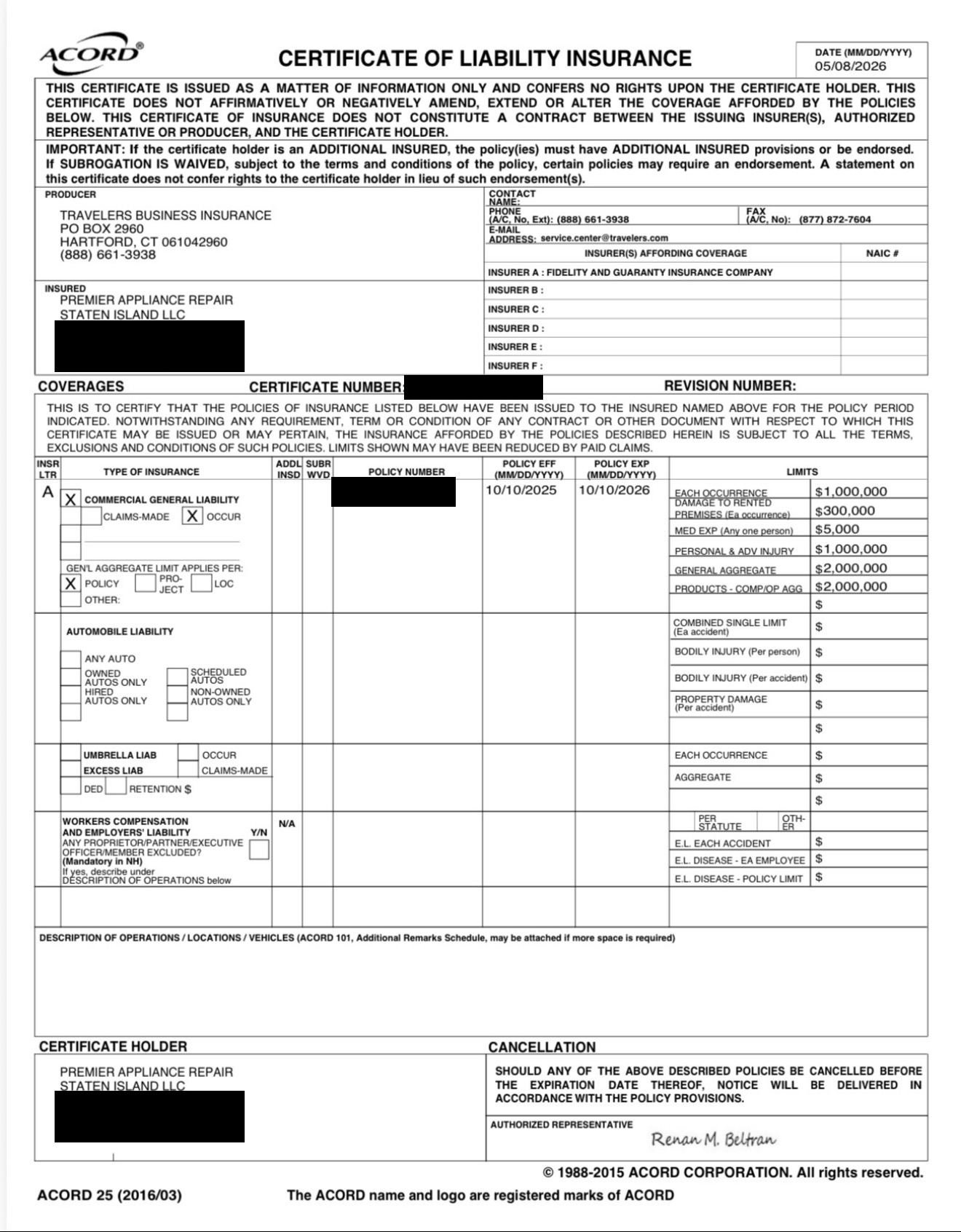 ACORD Certificate of Liability Insurance through Travelers Business Insurance — $1,000,000 each occurrence, $2,000,000 aggregate