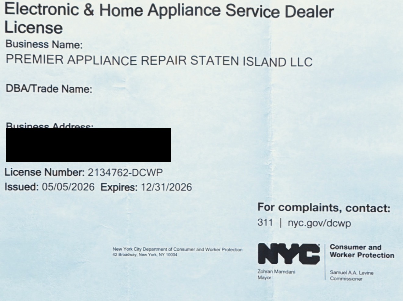 NYC Department of Consumer and Worker Protection license #2134762-DCWP issued to Premier Appliance Repair Staten Island LLC
